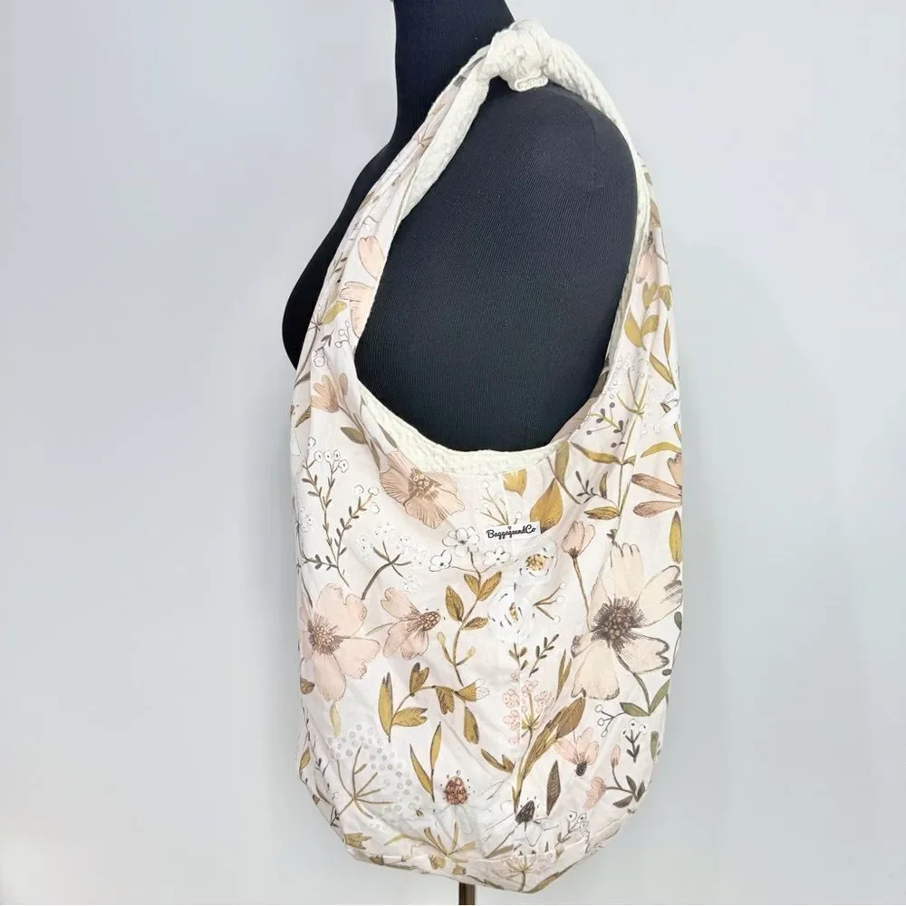 Baggagean and Co. Pink Floral Cream Waffle Knit Soft Reversible Fabric Hobo Bag
